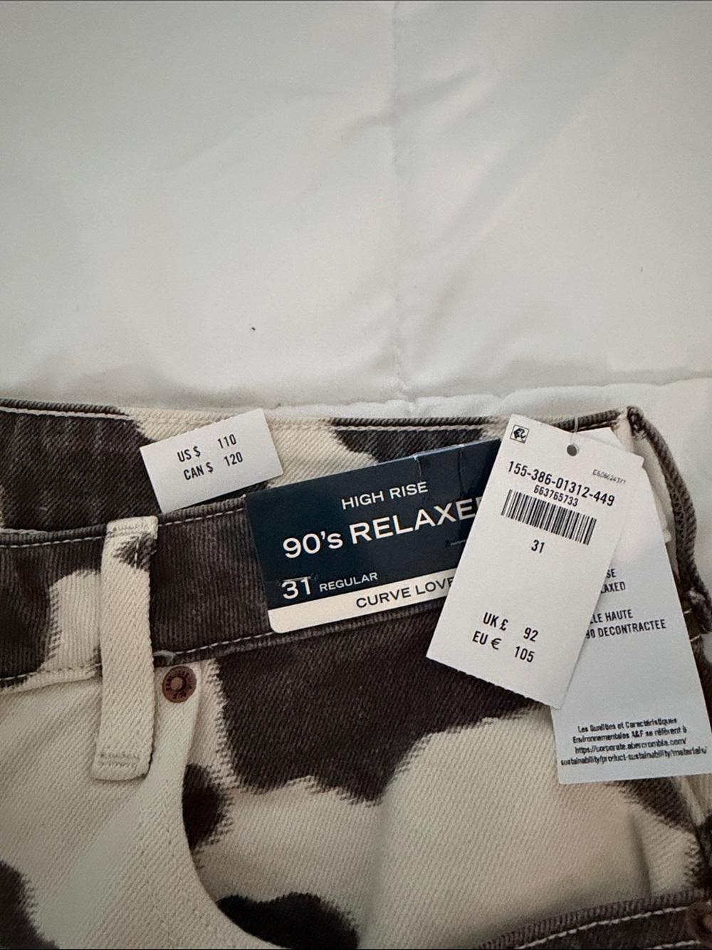 Abercrombie & Fitch Cow Print Relaxed Jeans - Cream & Brown - Picture 3 of 6